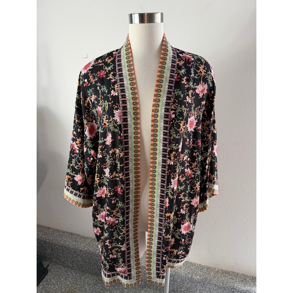 Max Studio Womens Large Black Floral Paisley Open Front Kimono Cardigan